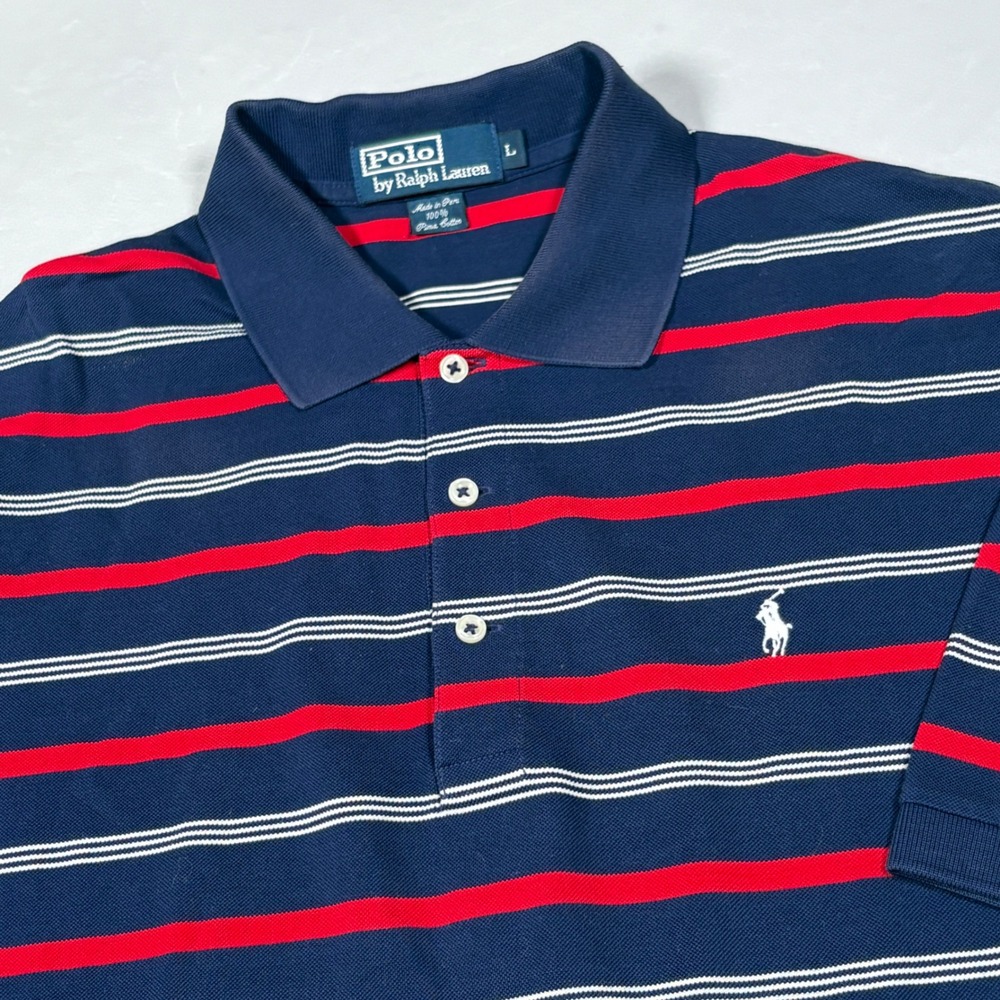 Polo Ralph Lauren Polo Shirt Mens L Navy Blue Red White Striped Pima Cotton